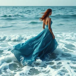 Born of the Ocean walking in oecion Where the sea becomes a gown and every wave moves with her. A moment of gown in waves ,