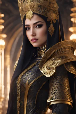 Realistic photography,front_view, (queen, looking at viewer), black long hair,traditional dress, hijaber, ornaments mechanical_armor, intricate armor, delicate golden filigree, intricate filigree, black metalic parts, detailed part, dynamic pose, abstrac background, dynamic lighting