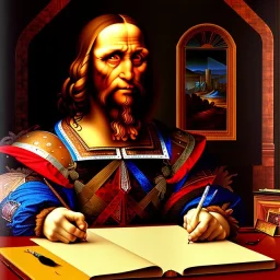 leonardo da vinci works in his study on a laptop at his desk. painting in photoshop. hyperdetailed, warm colors, movie poster, photoillustration, oil on canvas, lens flare