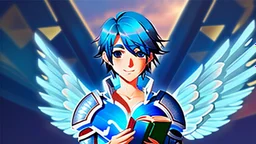 a human male with blue short hair and blue wings in assymetrical armor with geometric patterns and a book in hand