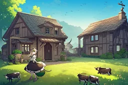 Farm, green grass, house, girl , cow's tail, cow's horne , cow's under