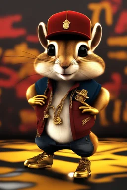 3d animated hip-hop chipmunk with hat, thick gold chains, graffiti background, earring