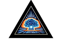 a nuclear explosion cloud, behind an orange glowing omega like shape, all inside an equilateral triangle, radiant lines, oil painting