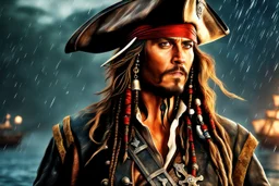 Johnny deep in 8k cgi game drawing style, Jack Sparrow them, pirate custom, close picture, rain, Ocean, intricate details, highly detailed, high details, detailed portrait, masterpiece,ultra detailed, ultra quality