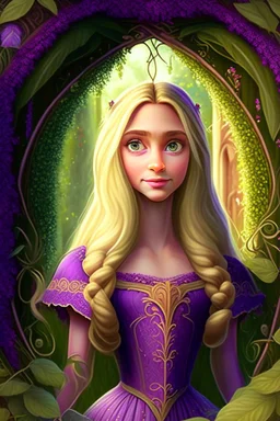 Princess Rapunzel, with a very beautiful and symmetrical face, with a charming look, with a very wonderful dress, in a very beautiful garden