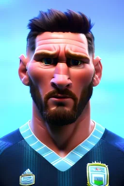 Realistic Messi Argentina soccer player Portrait, mid shot view, epic, god lights, concept art, art station, 3d, photo studio, blue clean background, unreal engine 5, ray tracing, RTX, lumen lighting, ultra detail, volumetric lighting.