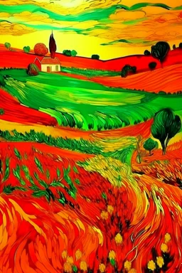 A red farmland with bio life painted by Vincent van Gogh