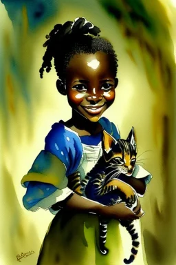 A cute smiling african girl is holding a kitten. Watercolour