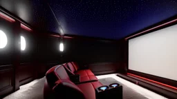 Generate an image of a sleek home cinema with our top-notch projectors and surround sound systems with a star-lined ceiling similar to a Rolls Royce in a high-rise penthouse