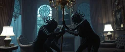 Lotsa goths pushing each other with stick in dramatic scene in luxury parlour in the style of Giger and Escher