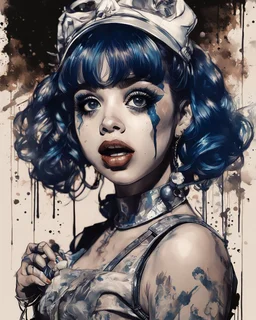 Poster in two gradually, a one side the Singer Melanie Martinez face, full body, painting by Yoji Shinkawa, darkblue and sepia tones,sinister, detailed iridescent, metallic, translucent, dramatic lighting, hyper futuristic, digital art, shot with Sony Alpha a9 Il and Sony FE 200-600mm f/5.6-6.3 G OSS lens, natural light, hyper realistic photograph, ultra detailed -ar 3:2 -q 2 -s 750,malevolent goth vampire girl face and other side