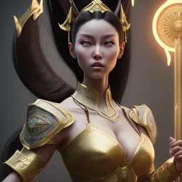 Chun-li, long black hair, elemental face, Unreal Engine 5, highly detailed, highest quality, digital painting, complex 3d render, unreal engine render, insane detail, intricate photograph quality, magnificent, majestic, highly intricate, Realistic photography, grand hall, wicked throne, holding scepter, crown of barbwire, dark color palette, metallic, highly detailed, highest quality, digital painting