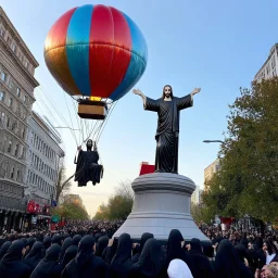 200 ft tall floating cartoonish Jesus rendition hot air balloon pulled by multiple grim reapers, multi colored, bright, vivid, psychedelic, high detailed, high gloss, insanely detailed, matte, horrorcore, lining the street, unsettling contrast, monument to death, live action shot grim reaper parade, pulling a jesus parade float