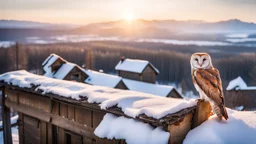 a barn owl sitting an old ruined rooftop and looking to te camera, over a winter landscacpe with european forest , snowy landscape, little light, sunrise, one old poor ruined small villager hut from above, high detailed, sharp focuses, photorealistic, perspective, cinematic