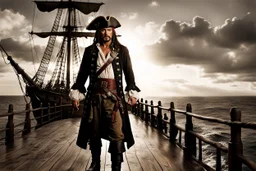 Pirate stands defiantly on a creaking wooden pirate ship deck, ocean horizon stretching behind, tattered sails billowing in the brisk sea wind, sunset casting an amber glow over the scene, high contrast, sharp textures, high detalied, detalied midle age face, dramatic lighting, photorealistic, crepy stunning, film noir