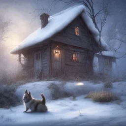 SAD, SCARED, LONELY DOG TIED UP OUTSIDE WITH A HOUSE IN BACKGROUND, WINTER, 8k resolution, high-quality, fine-detail, intricate, digital art, detailed matte, volumetric lighting, illustration, 3D octane render, brian froud, howard lyon, selina french, anna dittmann, annie stokes, lisa parker, greg rutowski