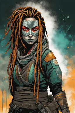 front facing full length portrait illustration of a grunge armored female , beaded dreadlock hair, cyberpunk vampire mercenary wearing an ancient ornate japanese kitsune mask , and shemagh, highly detailed with gritty post apocalyptic textures, caught in a cosmic maelstrom of swirling gases , finely detailed facial features and hair, in the graphic novel style of Bill Sienkiewicz, and Jean Giraud Moebius, ink wash and watercolor with realistic light and shadow