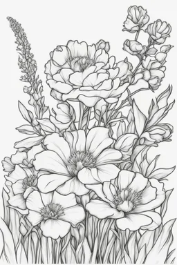 outline art of bostanisch flowers only black and white, no colour , White background. sketch style, clean line art, white background, no shadow and clear, no people, no colour, for book