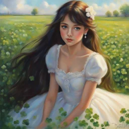 A beautiful girl in a white dress sits surrounded by a field of clover. Masterpiece, best quality, oil pastel style, oil pastel painting, inspired by Thomas Kinkade, beautiful details, painted by Willem Haenraets, high quality, 4k