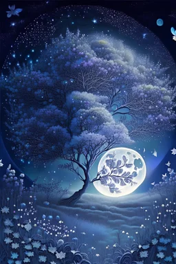 a background of softly blended blues, greys, silvers, purples, and whites with distant, twinkling stars in the sky, an a spherical serene moon, casting a soft glow of light on a foreground of a field of various flowers surrounding a tree of life