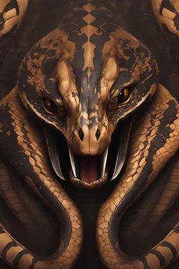 Close up of a Cobra snake ready to strike, head in a flat striking position. Abstract, Stunning and frightening pattern on forehead with staring eyes. Style of steampunk, chaos80, realistic and high quality