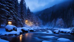 fir forrest scenery, heavy mist,valley,creek,forest,christmas lanterns,tree,,nature,night,snow,fir tree,high-quality photograph