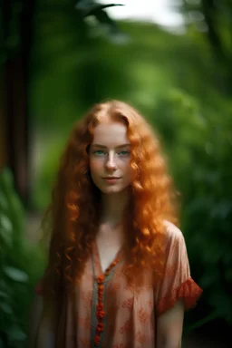 portrait of a 21 year old russian woman with soft lush curly warm red long hair, perfect symmetric eyes, skin with pores, peach fuzz, little smile, summer dress, garden, standing, ambient rim lighting, belly,Hasselblad X1D II 50C with a XCD 45mm f/ 3. 5 lens, using an aperture of f/ 4, ISO 400, and a shutter speed of 1/ 125 sec, intricate, photorealistic, unreal engine, depth of field, cinematic, sharp focus, extremely detailed