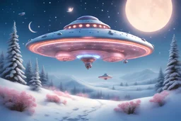 In the foreground they are delicate and very small pink and yellow flowers. In a snowy and magical landscape with , a magnificent spaceship flies.The flying saucer has soft and round shapes. It is silver and blue , very bright and sweet, and very refined with small portholes and lots of lights . The sky is dark blue with a crescent moon and stars. There are a lot of fir trees with snow. There is a frozen lake of turquoise water.. There are sparks of light everywhere.