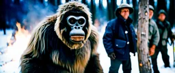 close up of a Yeti in documentary photography, burned trees, Wildfire, Smoke, burning, forest fire, August 1995, Yeti, Dystopian, Japanese, Extreme depth of field, bokeh blur, Alberta, all-natural, in the style of candid, imperfection, natural lighting, Professional shot, shot on Agfa, Fuji Film, Anamorphic lens --ar 4:5 --w 150 --style raw