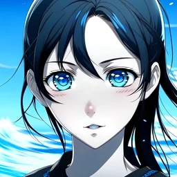 Teenage girl, black ponytail, ocean blue eyes, anime style, front facing, looking into camera, portrait