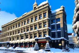 Image of this building with Christmas decorations with snow
