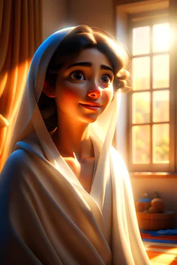 Digital art, high quality, digital masterpiece, natural illumination, sunny day, spotlight, realistic, pixar style, beautiful, (full body:3), (1 beautiful persian:3), (tan skin eyes:1.8), (Big blue eyes:1.6), thin body, (white robe:1.8), (:3)