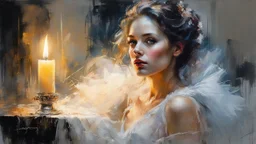 Portrait of a stunningly beautiful woman made of tulle, detailed fabric painting, Candlelight Insanely detailed painting by Pino Daeni, Jeremy Mann, Carne_Griffiths, Vadim Kashin, James Gurney, 16k resolution, fine art, natural light, beautiful