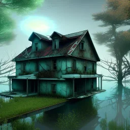 Abandoned house, overgrown, partially submerged,Interior, water inside