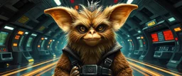 portrait of bad ass fluffy captain gremlin, in sci fi air ship waiting hall, in future dynasty