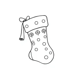 A black and white cute drawing of a Christmas stocking. Only outline, white background,for kids. The illustration should be in [SUPER SIMPLE], black and white, bold line art with a clear, mostly empty background. [INCLUDES ONLY OUTLINES WITH NO FILLED IN BLACK AREAS], ensuring no shading, no complex images, and making it very easy to color in between the lines.