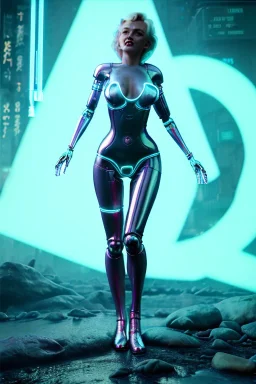 Ultra Realistic image, portrait, blonde woman, sweet Marylin Monroe face, perfect iris, glow eyes, glow makeup. Cyborg, Cyberpunk style, oversized transparent latex coat, yakuza tattoos body. fog, rain, soft color, highly detailed, unreal engine 5, ray tracing, RTX, lumen lighting, ultra detail, volumetric lighting, 3d, finely drawn, high definition, high resolution.