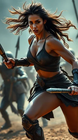 A stunningly fierce and graceful warrior woman, the epitome of strength and bravery, charges fearlessly into battle in a cinematic scene. Her tall and athletic figure exudes power and determination as she moves with elegance and purpose. The image, captured in a photograph, showcases her radiating beauty in vivid detail. Every muscle on her muscular frame is defined, her determined expression is captivating, and her flowing hair adds a sense of movement and intensity to the scene. The high quali