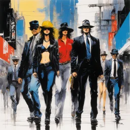 [art by Ralph Steadman] Masamune Shirow style: four agents of criminal minds FBI team, on a scene crime (women and men) in a vibrant city