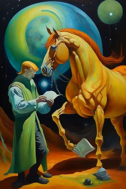 Doctor discovering alien inside horse in the style of Ginger,prize winning oil painting,book cover illustration