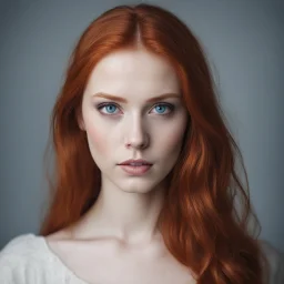 32k photo, portrait young redhead woman. ( blue eyes) perfect masterpiece, ((black sclera)), rule of thirds,
