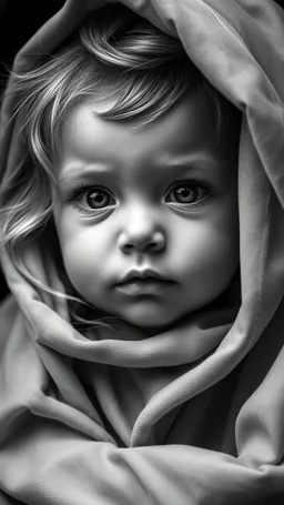 A stunningly lifelike portrait captures the essence of an elegant baby boy features delicate and captivating. ,the image is a highly detailed, monochromatic masterpiece. Every strand of her flowing hair, each contour of her face, is depicted with breathtaking precision. The contrast of light and shadow, the intricate textures of fabric and skin, all combine to create a portrait so realistic, it almost appears to breathe. This work