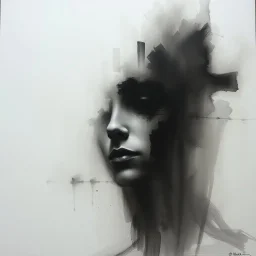 A hauntingly beautiful abstract portrait of a human face emerging from soft charcoal strokes. The figure is partially obscured with blurred, smudged textures, creating an ethereal and ghostly effect. The face conveys subtle sadness and mystery, with deep shadows and faint highlights giving it a timeless ...