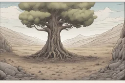 one tree in the middle of the image, bared land, post-apocalypse, front view, comic book, cartoon,,