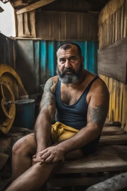 close up shot photography of a 49-year-old turkish chubby heavyset tattoo very hairy sweaty worker sitting spread-legged in an old sofa inside a construction site shed, big shoulders, dressed in bulging shorts, shirtless, stubble, big manly legs, hairy chest, serious eyes, midnight, dim neon lights illuminating and shine on the beards of sweat that fill his large chest, photorealistic , ambient occlusion