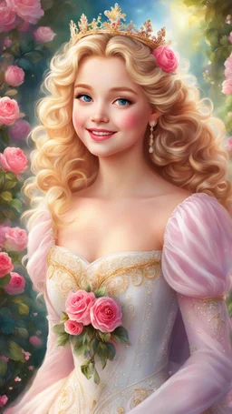 Adorable digital painting of a beautiful girl in a gorgeous elegant wedding dress, portrait of Princess Aurora, sparkling crown, front view, beautiful smile, shiny golden curly hair, angel eyes, beautiful face, rosy cheeks, pink lips, Aurora's face, digital art, surrounded by garden and roses in the background, romantic style, dream world, high quality, 4k