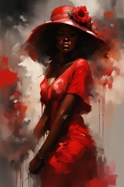 1 dark African in red workout and hat and woman in bright floral dress in .loveSpeedpaint_with_large_brush_strokes_ by Deymonaz,Jeremy Mann, Jeremy Mann, Pino Daeni, Alphonse Mucha, Alex Maleev and Liz Gael, oil splash, Paint Strokes,ink drip