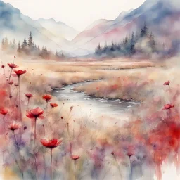 Digital colorful red watercolor Illustration of a beautiful Vibrant flower meadow fantasy red landscape, mountain river wildflowers butterflies in the morning light, by JB, Waterhouse :: Carne Griffiths, Minjae Lee, Ana Paula Hoppe, :: :: Stylized Splash watercolor art :: Intricate :: Complex contrast :: HDR :: Sharp :: soft :: Cinematic Volumetric lighting :: flowery pastel colours :: wide long shot