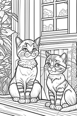 coloring page for kids, Cats on the porch, cartoon style, thick lines, low detail, no shading