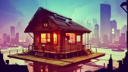 small Wooden European Cabin, In cyberpunk city-skyline, comic style